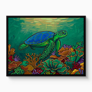 Green Turtle Gliding — green turtle gliding white studio framed black