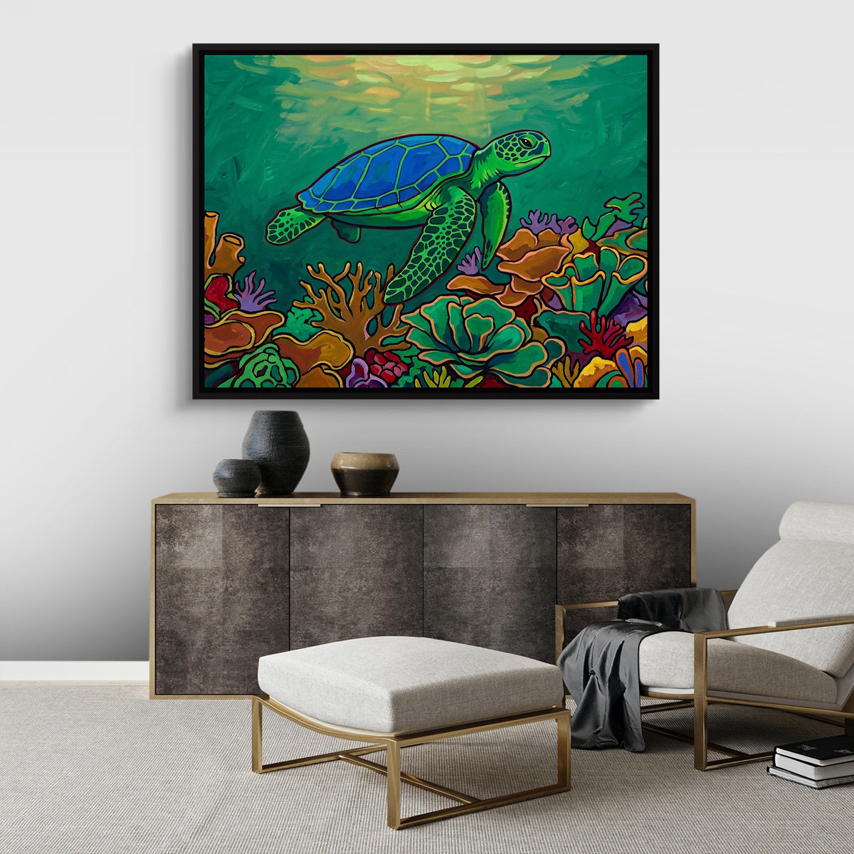 Green Turtle Gliding — green turtle gliding sq best living room land close 1land framed black