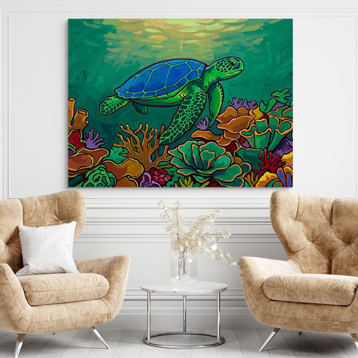 Green Turtle Gliding — green turtle gliding sq brown chairs 1land flush print
