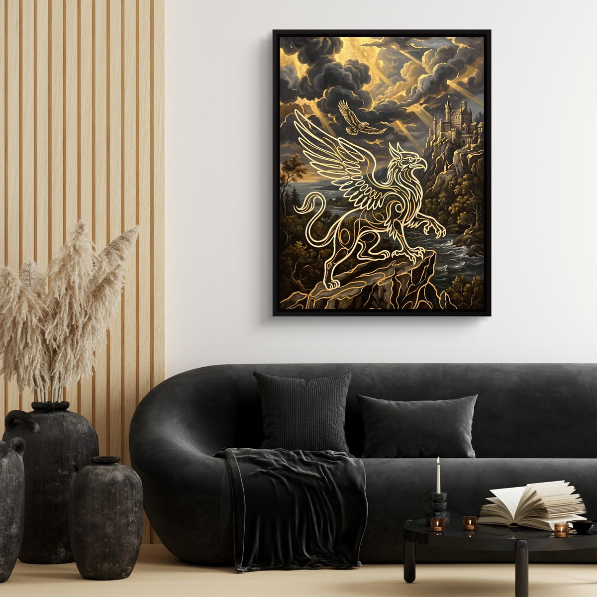 Griffin Golden Sky — griffin golden sky sq black couch and wood walls 1port framed black