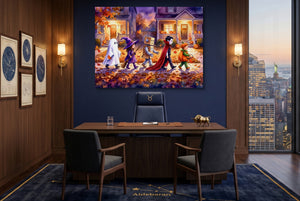 Halloween Trick-Or-Treaters — halloween trick or treaters office with city view 1land flush print