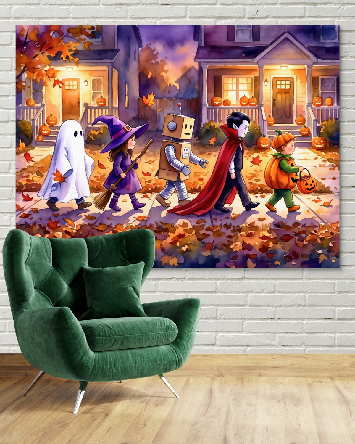 Halloween Trick-Or-Treaters — halloween trick or treaters psd white brick green chair 1land flush print