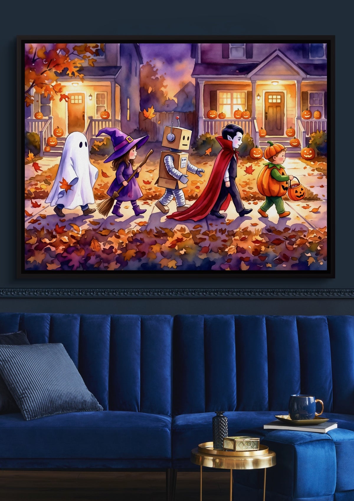 Halloween Trick-Or-Treaters — halloween trick or treaters sq blue luxury room 1land framed black