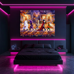 Halloween Trick-Or-Treaters — halloween trick or treaters sq pink neon room 1land flush print