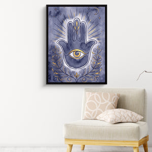 Hamsa Indigo Eye — hamsa indigo eye sq pink chair wall 1port framed black