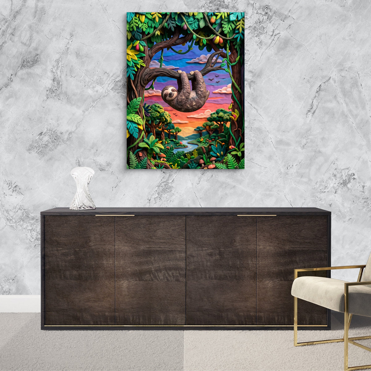 Hanging Sloth Sunset — hanging sloth sunset sq luxurious room granite wall 1port flush print