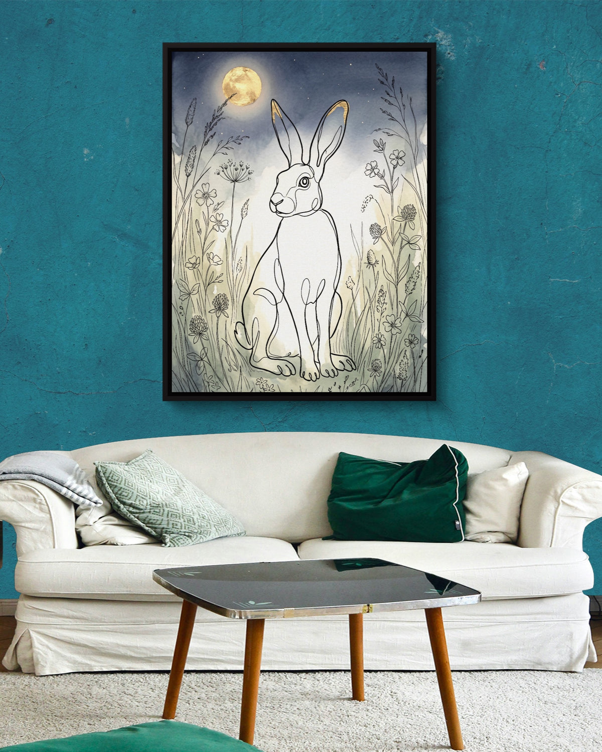 Hare Golden Moon — hare golden moon psd aqua wall white couch 1port framed black
