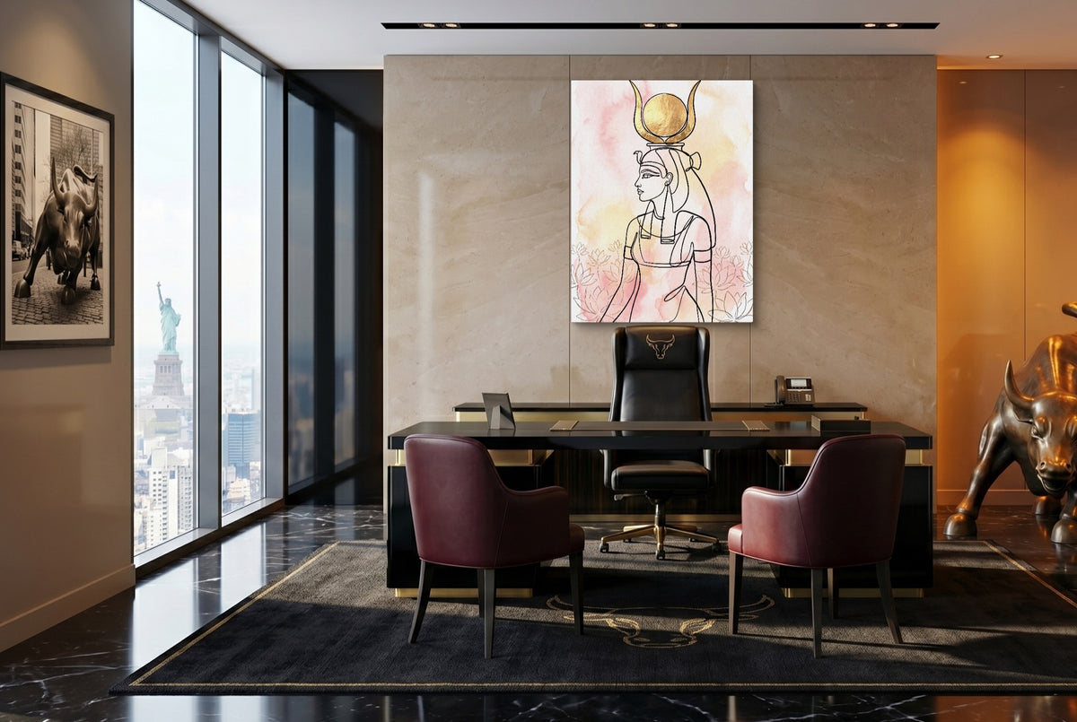 Hathor Golden Headdress — hathor golden headdress office with desk and chairs 2 1port flush print