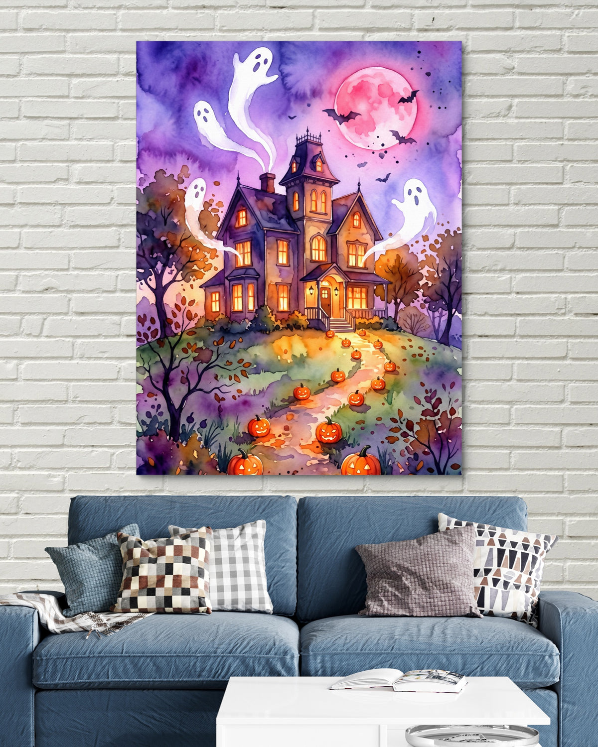 Haunted House Spirits — haunted house spirits psd white bricks blue couch 1port flush print