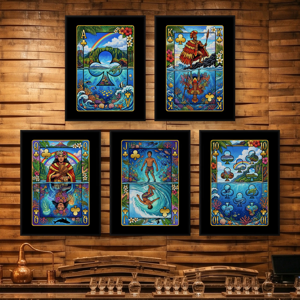 Hawaii Clubs Royal Flush framed set on a wooden bar wall