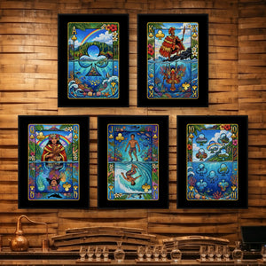 Hawaii Clubs Royal Flush framed set on a wooden bar wall