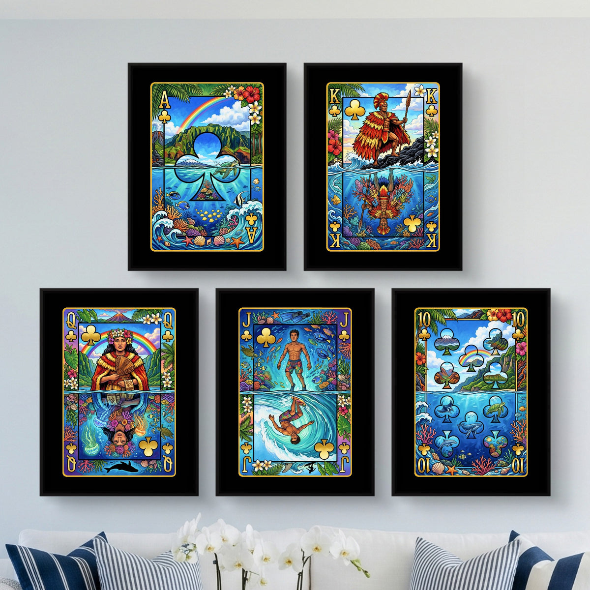 Hawaii Clubs Royal Flush framed set in a bright living room