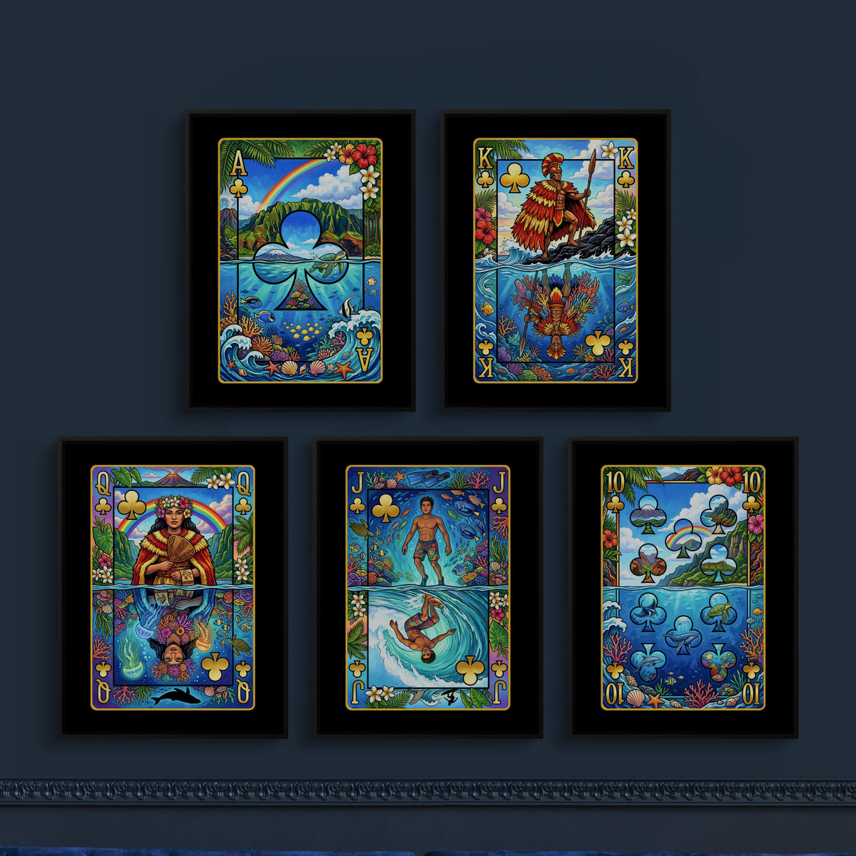 Hawaii Clubs Royal Flush framed set on a deep navy lounge wall