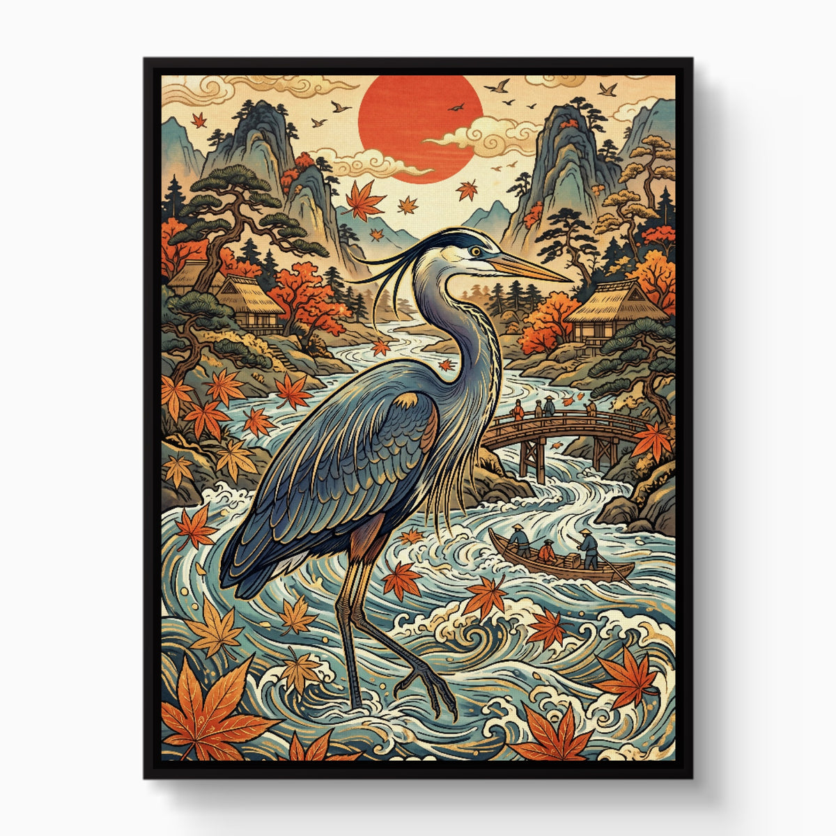 Heron Autumn River — heron autumn river white studio framed black