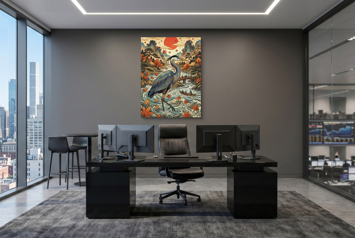 Heron Autumn River — heron autumn river office desk with monitors 1port flush print