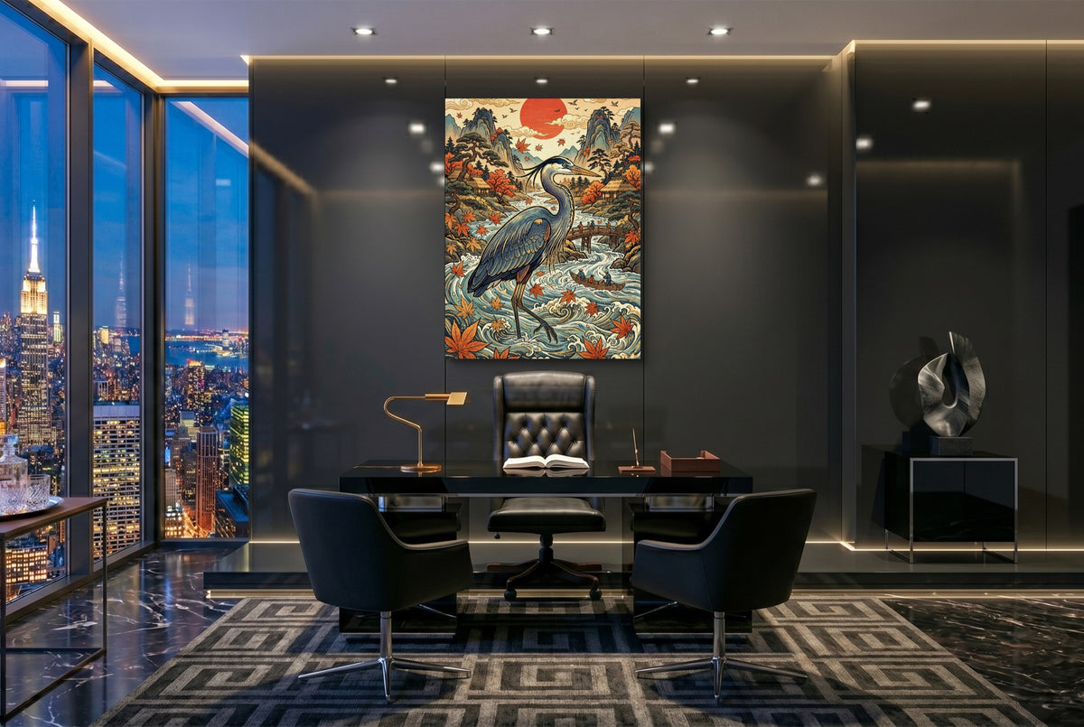 Heron Autumn River — heron autumn river office with city view 3 1port flush print