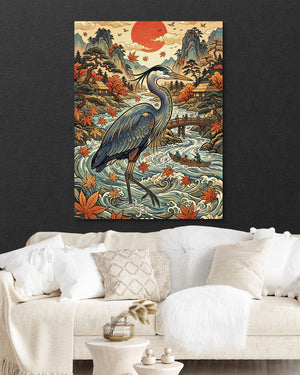 Heron Autumn River — heron autumn river psd black wall white couch 1port flush print