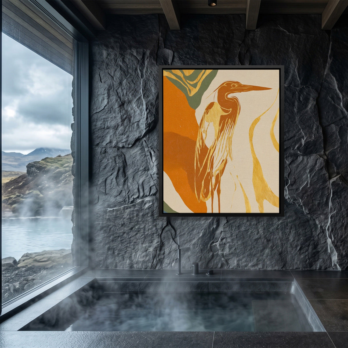 Heron Golden Stance canvas wall art, room view