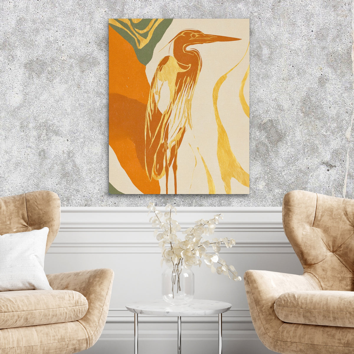 Heron Golden Stance — Heron Golden Stance Two Chairs Cement Wall 255