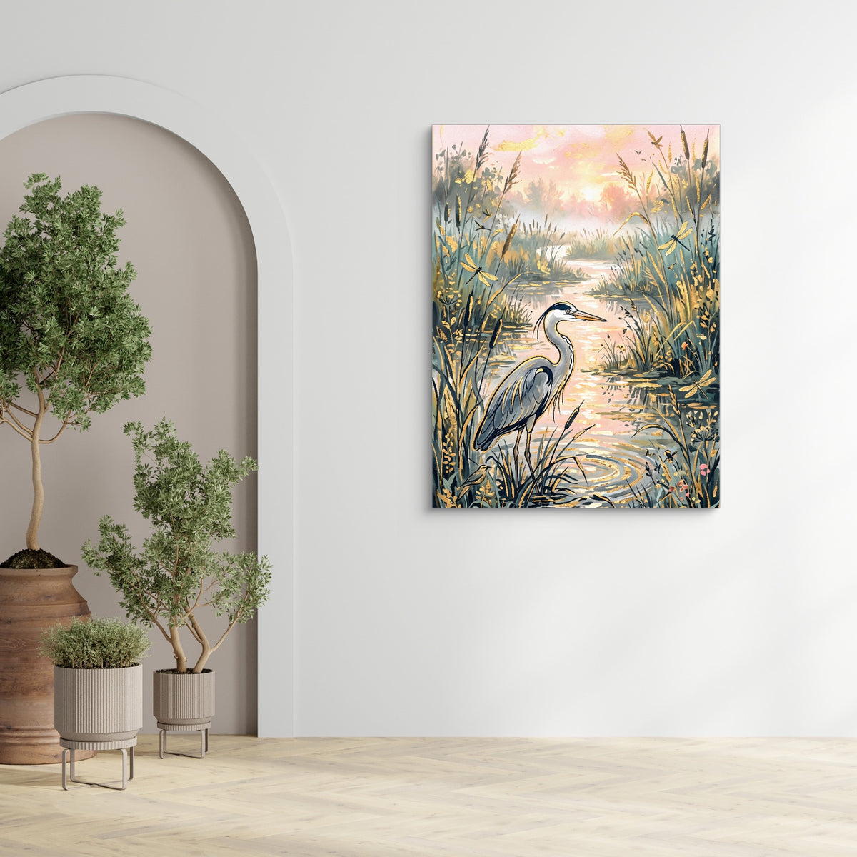 Heron Golden Sunset — heron golden sunset sq zen room 1port flush print
