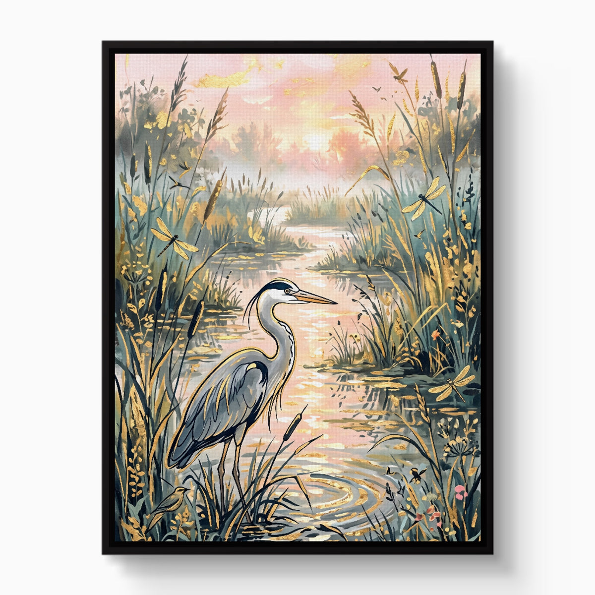 Heron Golden Sunset — heron golden sunset white studio framed black