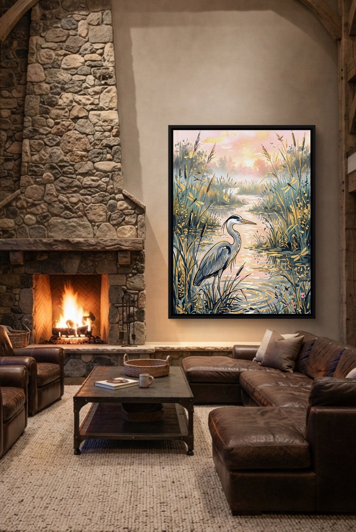 Heron Golden Sunset — heron golden sunset p living room interior space 1port framed black