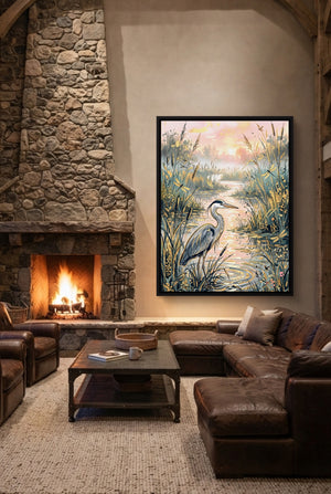 Heron Golden Sunset — heron golden sunset p living room interior space 1port framed black