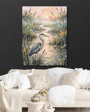 Heron Golden Sunset — heron golden sunset psd black wall white couch 1port flush print