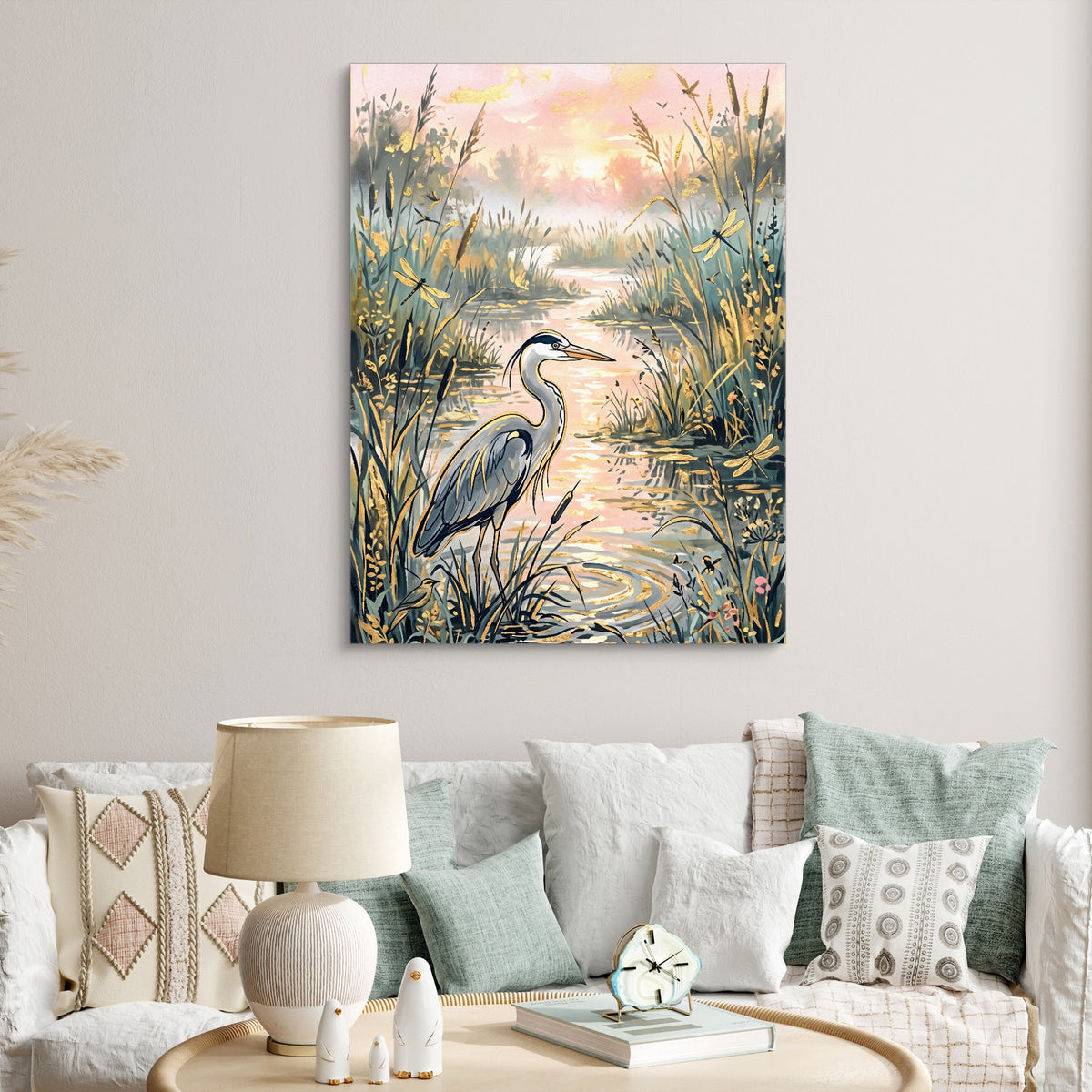 Heron Golden Sunset — heron golden sunset sq clock bed 1port flush print