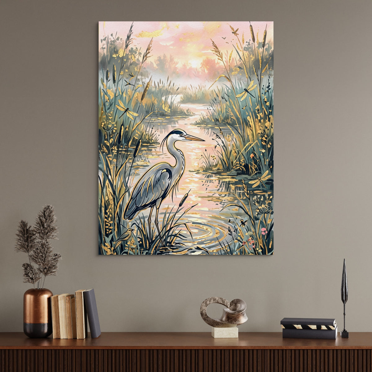 Heron Golden Sunset — heron golden sunset sq office desk wall 1port flush print