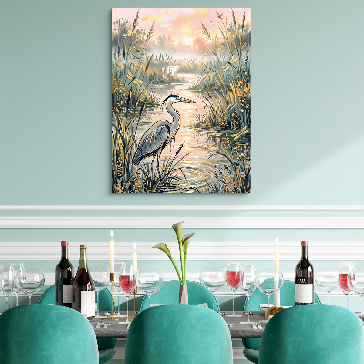 Heron Golden Sunset — heron golden sunset sq teal dining room 1port flush print