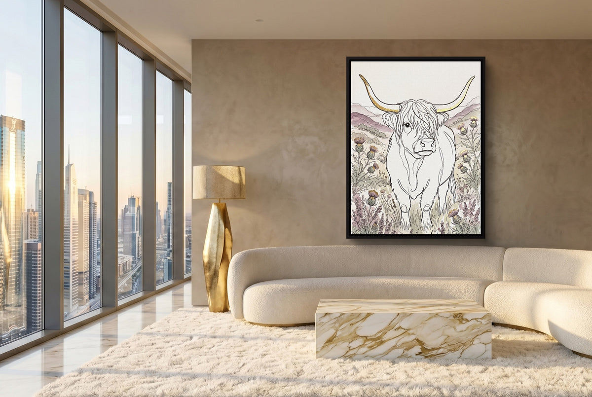 Highland Golden Horns — highland golden horns modern living room interior 3 1port framed black