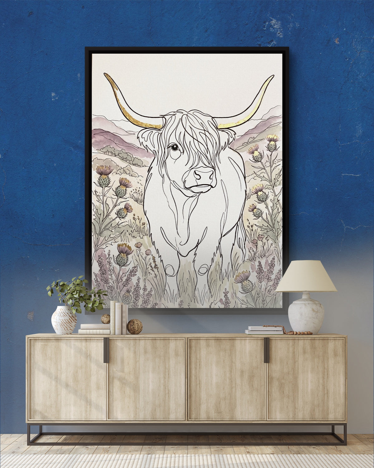 Highland Golden Horns — highland golden horns psd royal blue console 1port framed black