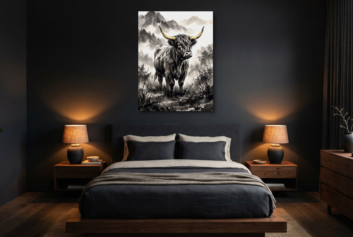 Highland Sumi-e — highland sumi e bedroom with dark walls 1port flush print