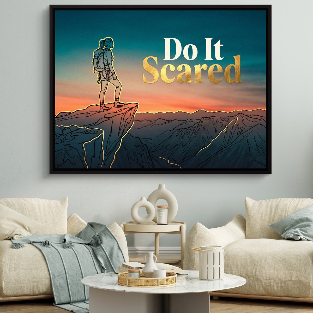 Hiker Mountain Sunset — hiker mountain sunset sq white couches 1land framed black
