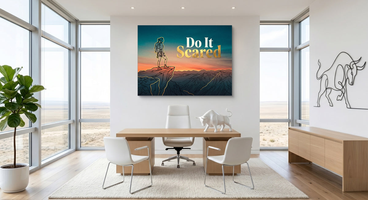 Hiker Mountain Sunset — hiker mountain sunset office space with furniture 1land flush print