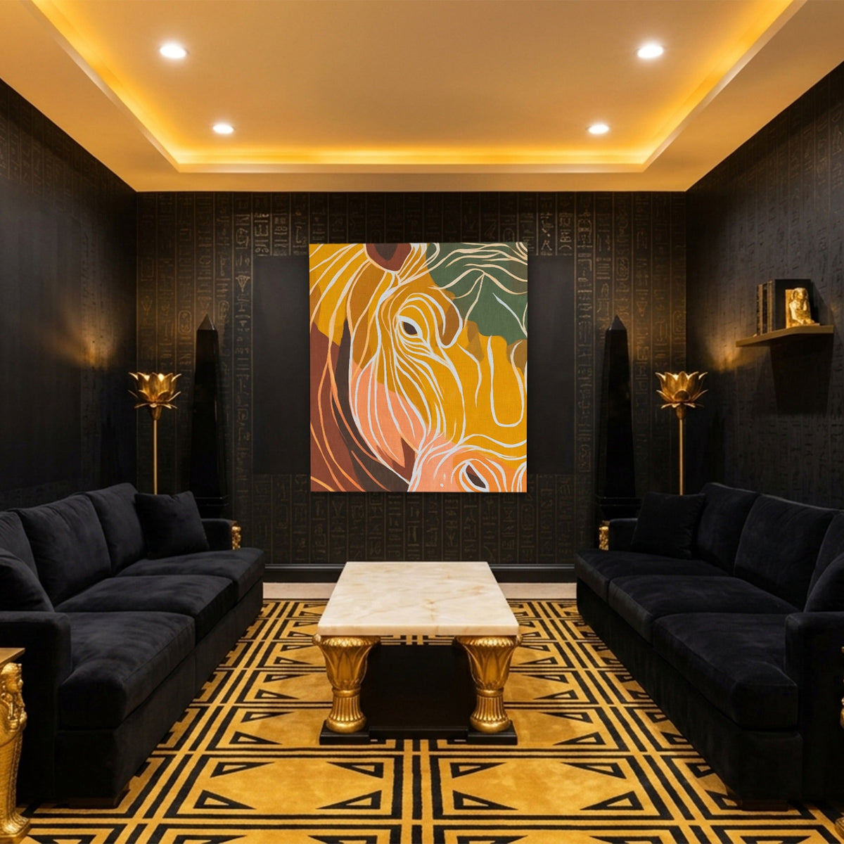 Hippo Ochre Doodle canvas wall art, room view