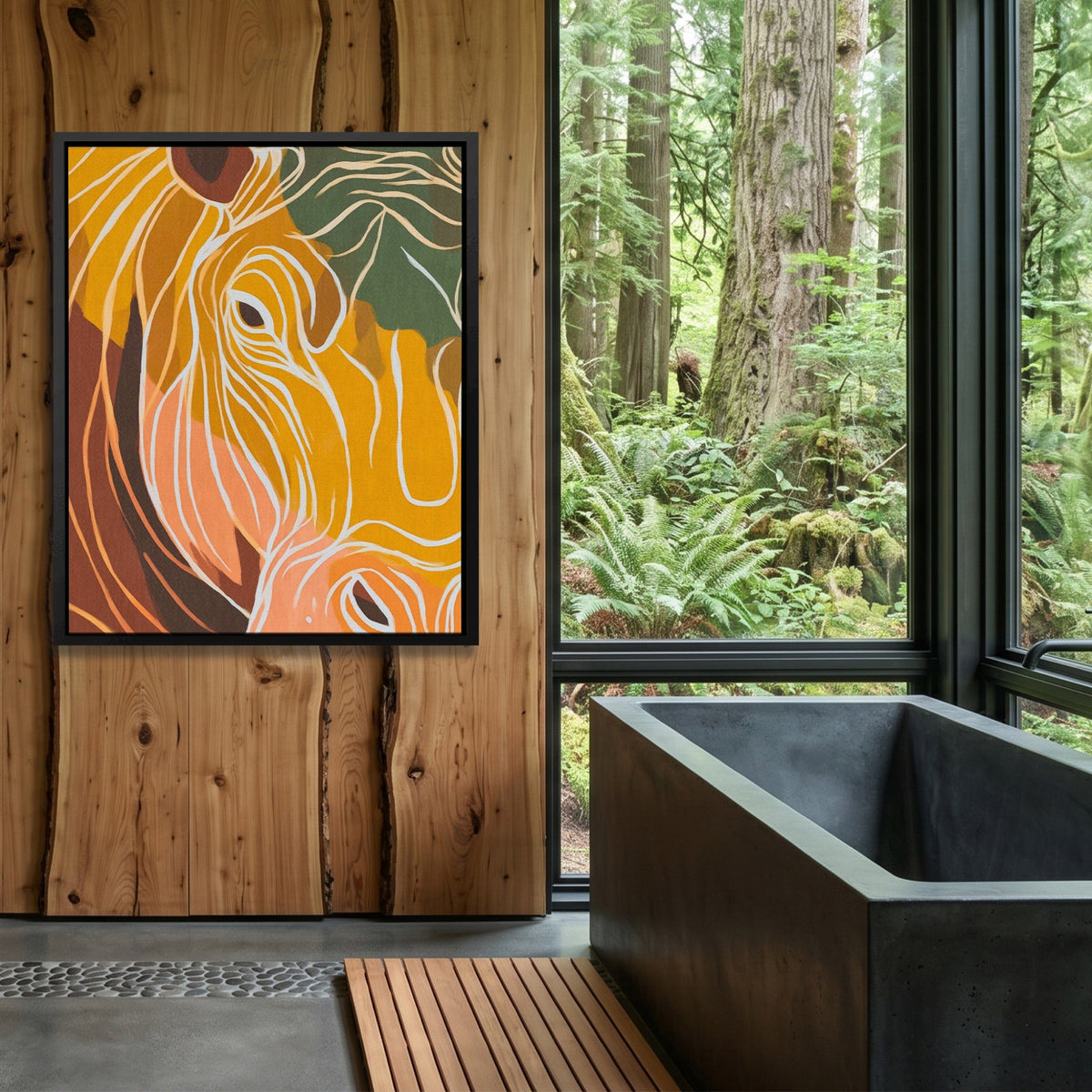Hippo Ochre Doodle canvas wall art, room view
