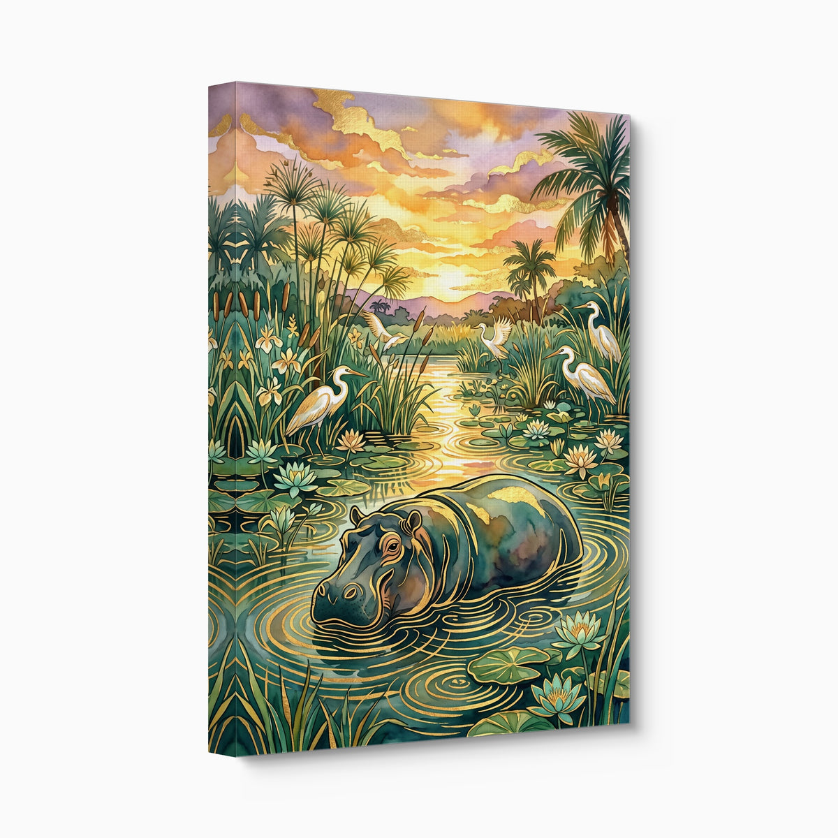Hippopotamus Golden Sunset — hippopotamus golden sunset angled flush print