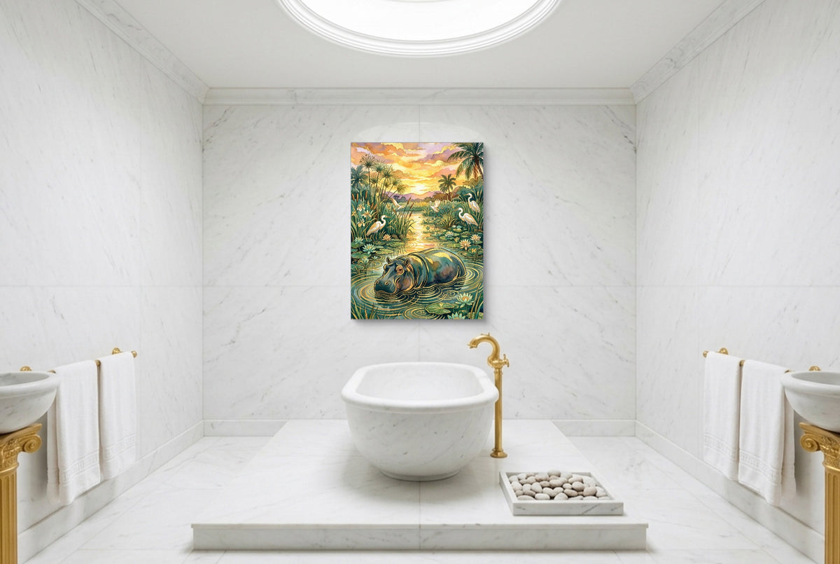 Hippopotamus Golden Sunset — hippopotamus golden sunset luxury bathroom interior 2 1port flush print