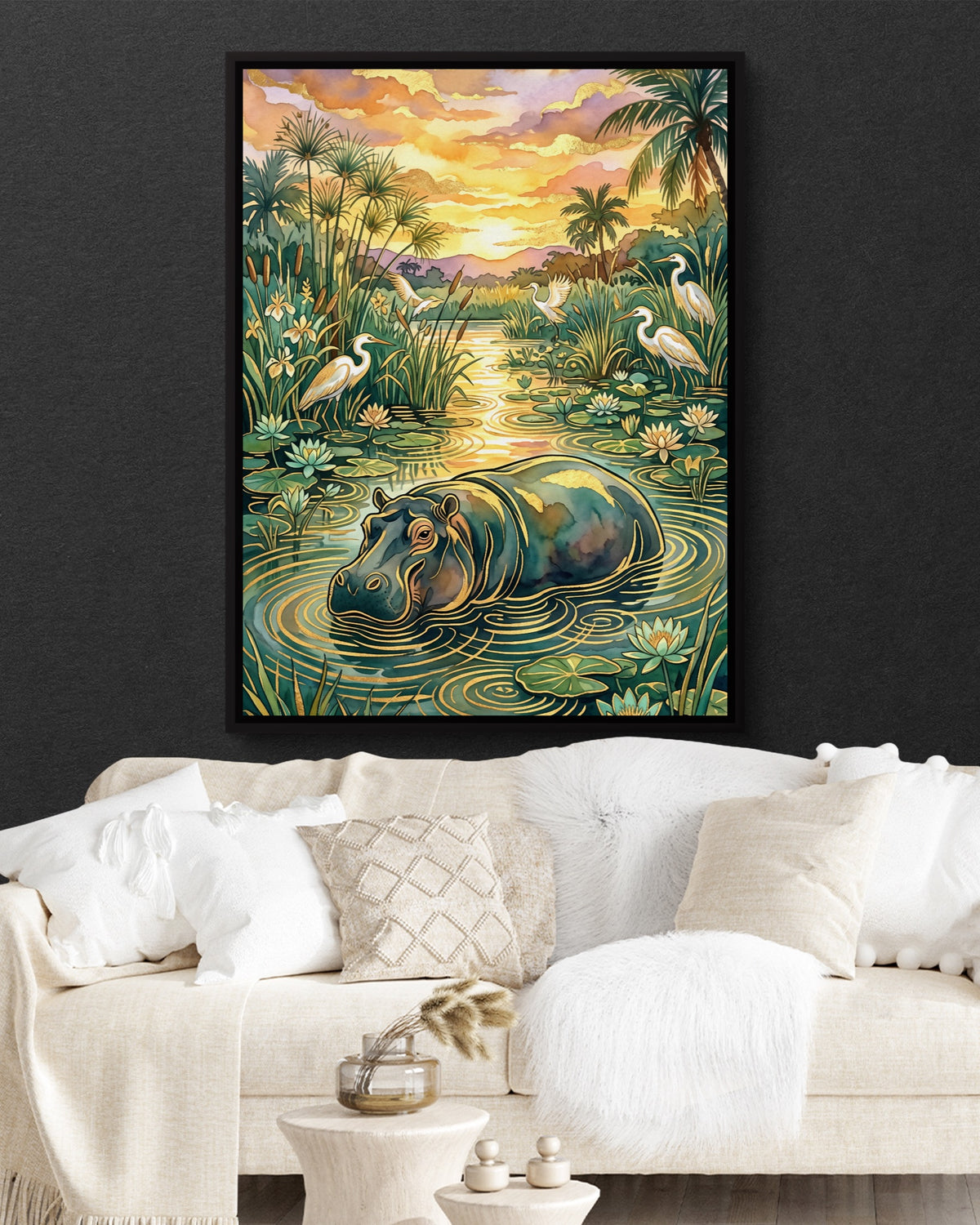 Hippopotamus Golden Sunset — hippopotamus golden sunset psd black wall white couch 1port framed black