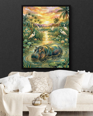 Hippopotamus Golden Sunset — hippopotamus golden sunset psd black wall white couch 1port framed black