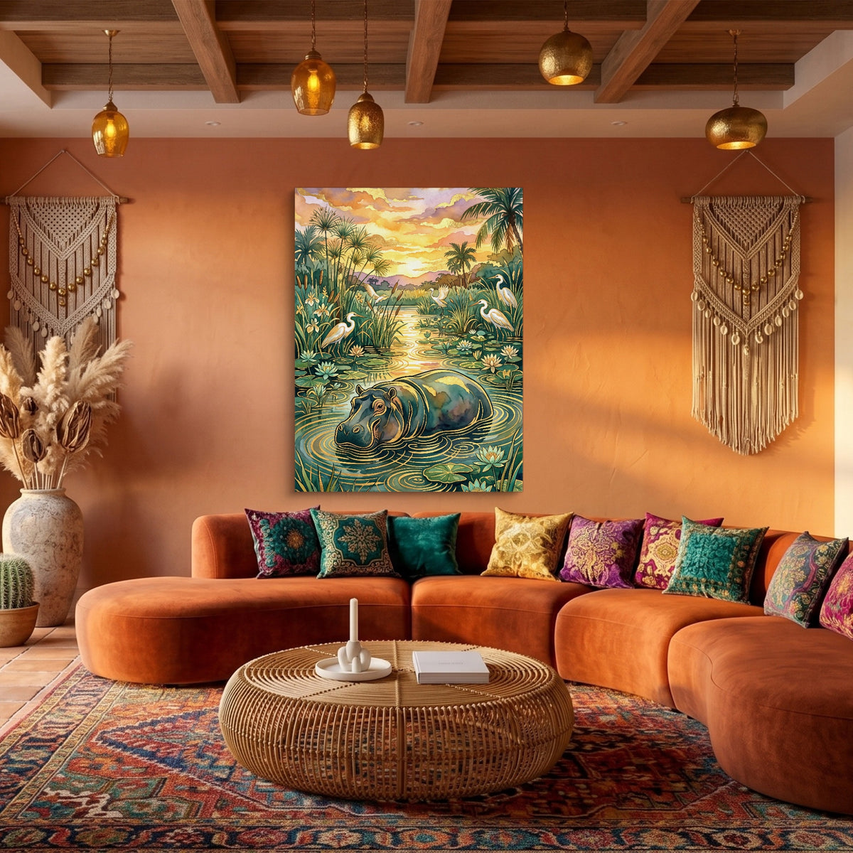Hippopotamus Golden Sunset — hippopotamus golden sunset sq boho living 1port flush print