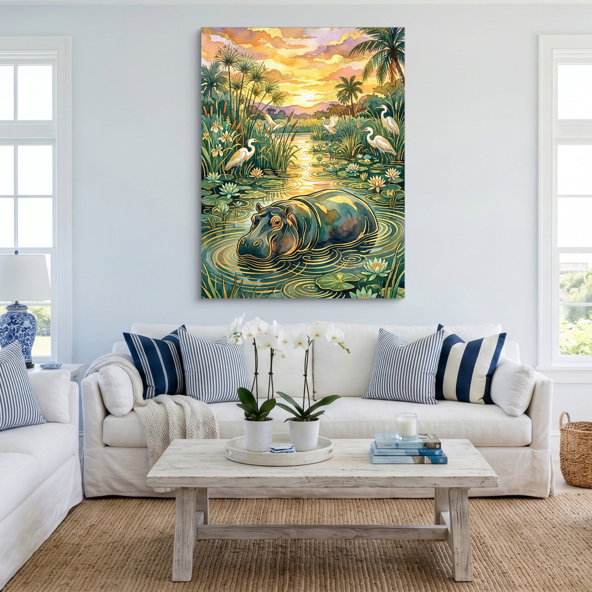 Hippopotamus Golden Sunset — hippopotamus golden sunset sq cute livingroom 1port flush print