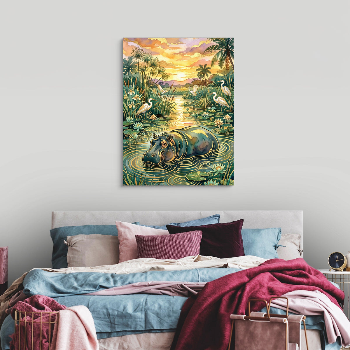 Hippopotamus Golden Sunset — hippopotamus golden sunset sq luxury bedroom 1port flush print