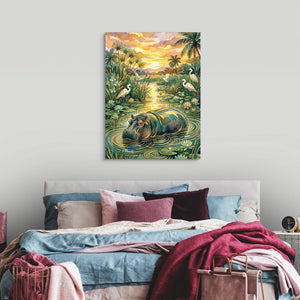 Hippopotamus Golden Sunset — hippopotamus golden sunset sq luxury bedroom 1port flush print