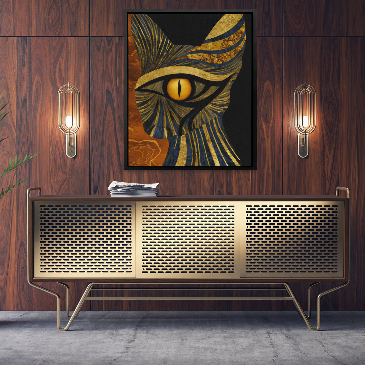 Horus in Amber - Egyptian Wall Art in Black Frame