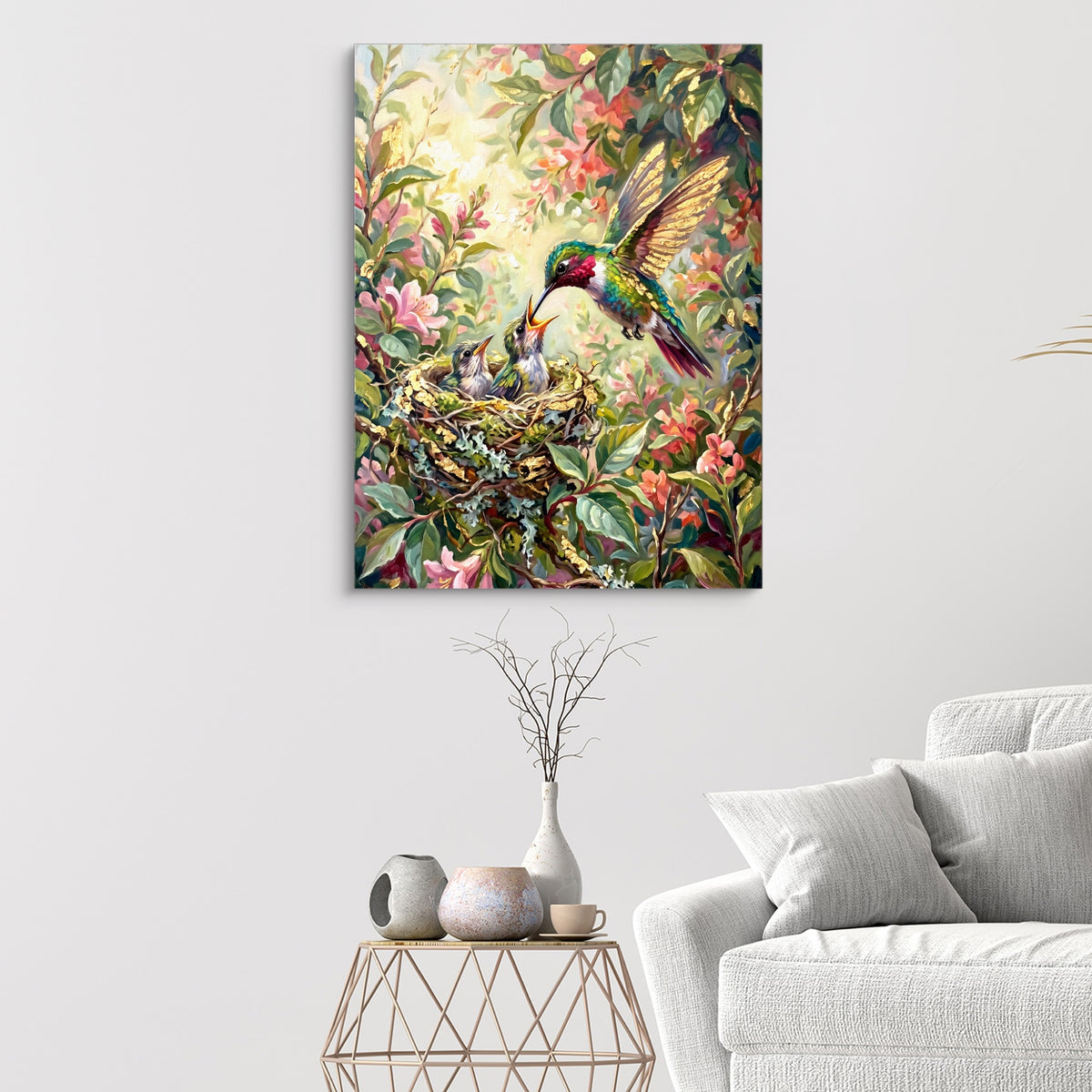 Hummingbird Feeding Young — hummingbird feeding young sq white walls 1port flush print