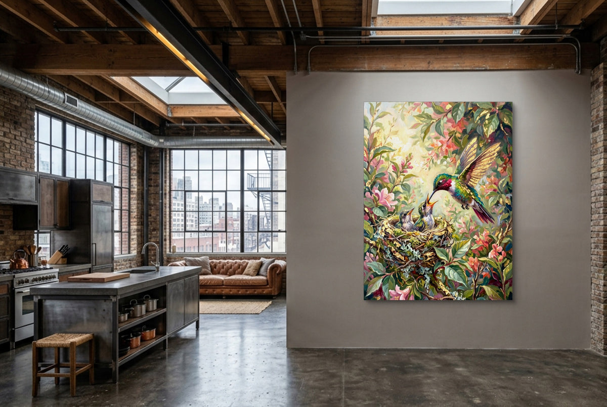 Hummingbird Feeding Young — hummingbird feeding young kitchen interior with island 1port flush print