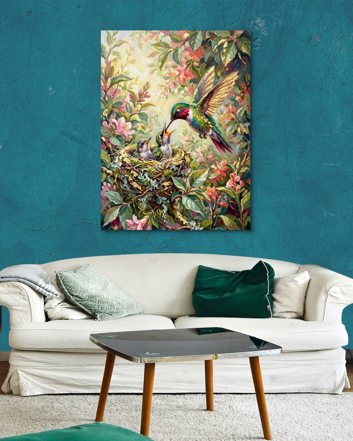 Hummingbird Feeding Young — hummingbird feeding young psd aqua wall white couch 1port flush print